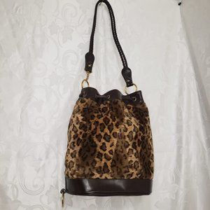 Tianni Women's Brown & Tan Faux Fur Leopard Print Shoulder Bag Purse Bucket Bag